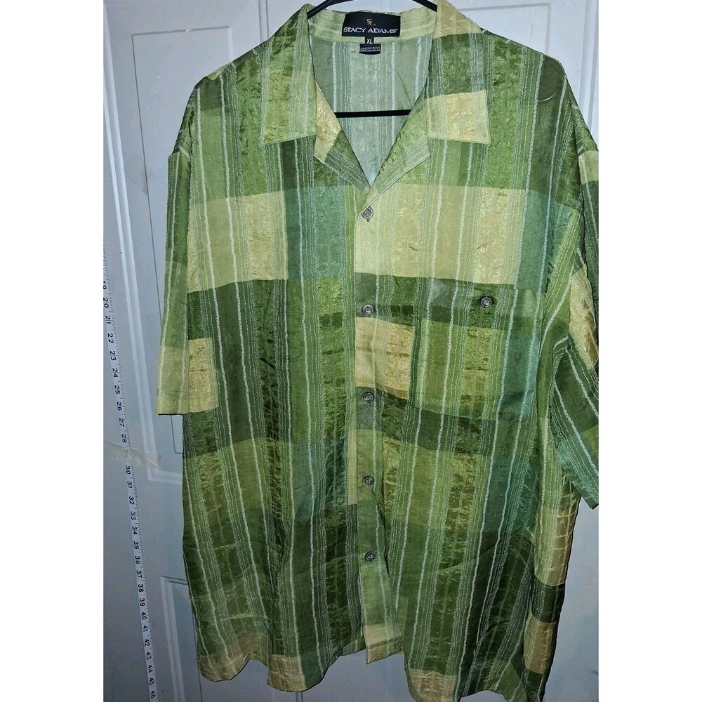 Stacy Adams Men's XL Green Plaid Button Up Shirt Retro Vintage Style Linen Blend